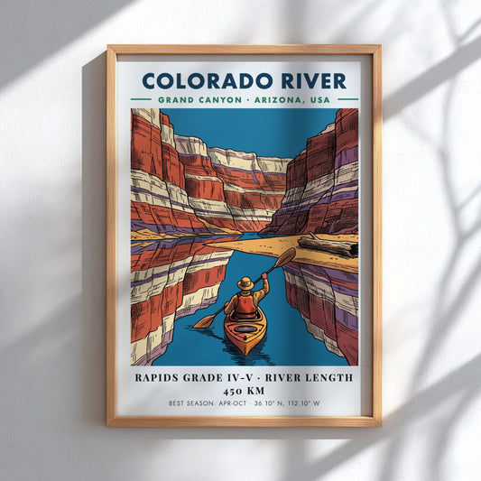 Poster of a kayaker on the Colorado River surrounded by colorful Grand Canyon cliffs.