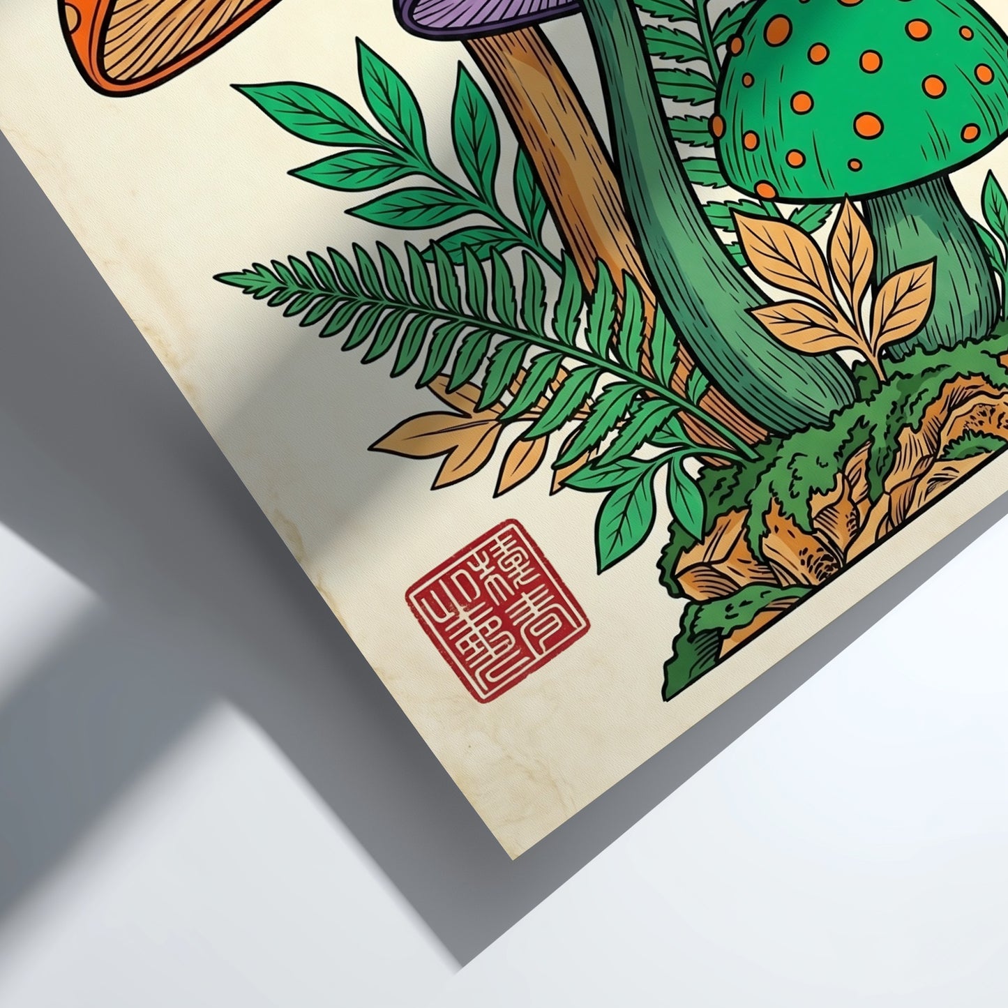 Japanese art style poster featuring colorful mushrooms in vibrant hues