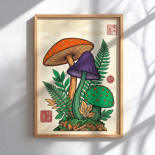 Japanese art style poster featuring colorful mushrooms in vibrant hues