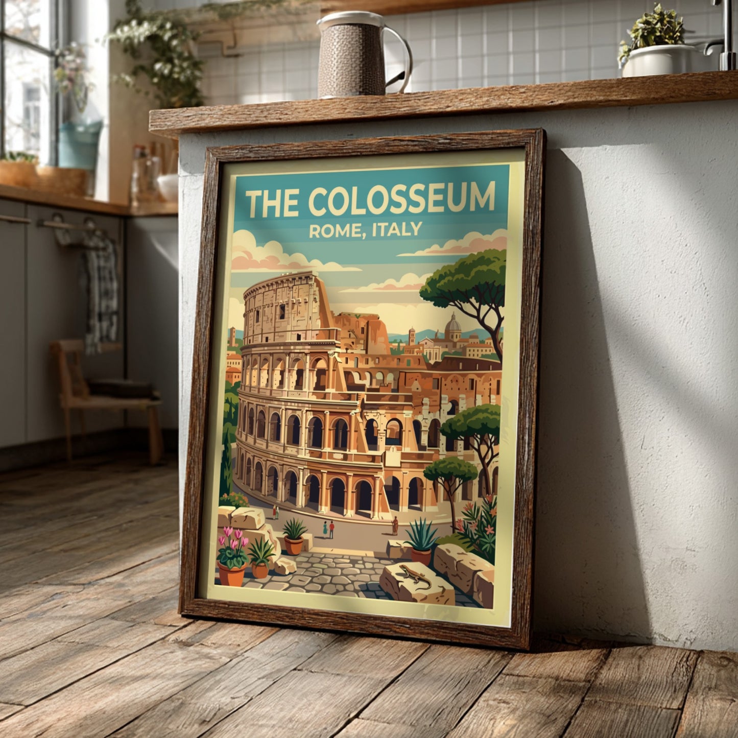Colosseum Rome travel poster featuring vintage style and warm colors
