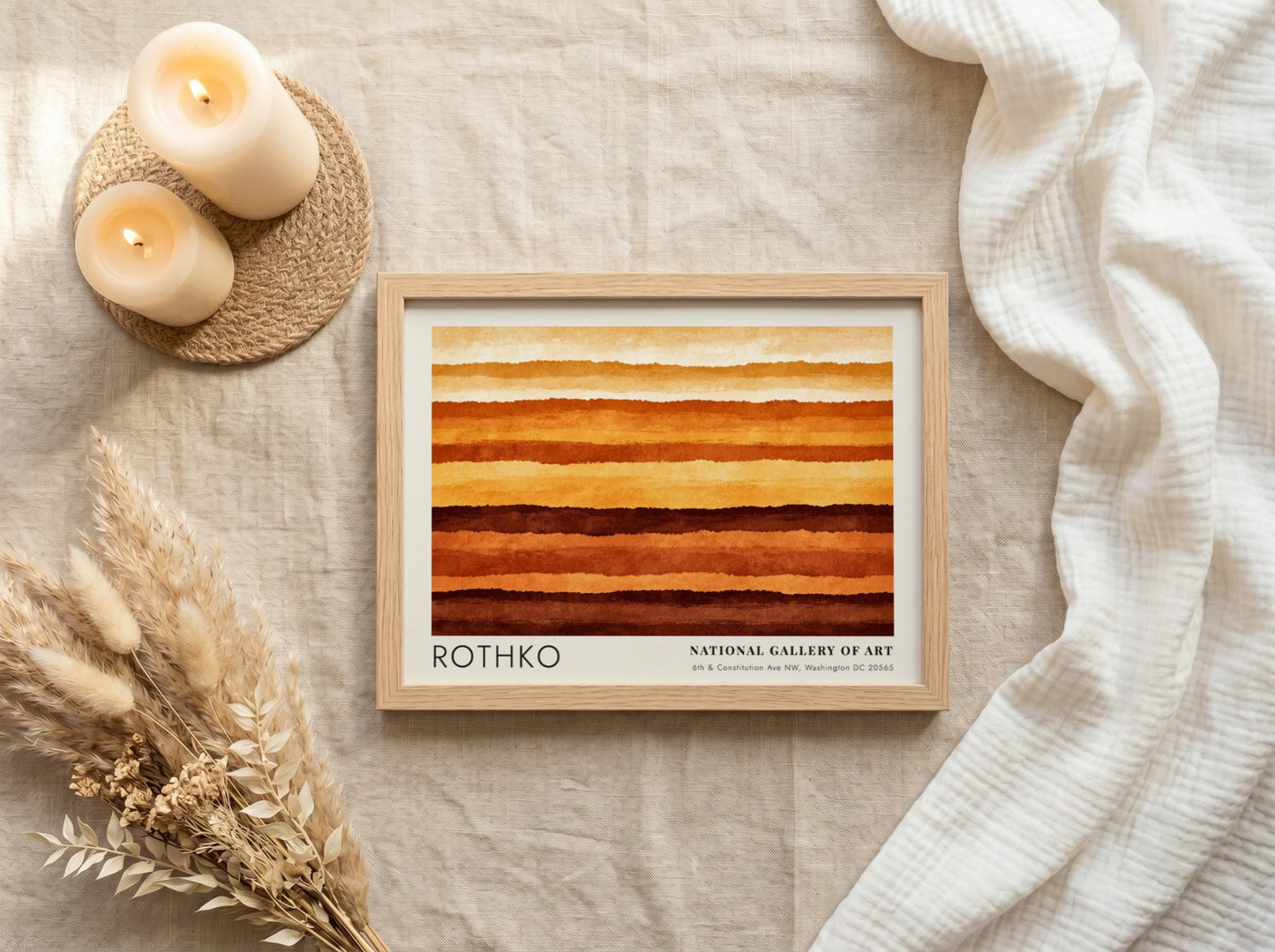 Wall art poster featuring Mark Rothko abstract horizontal layers in warm orange brown tones.