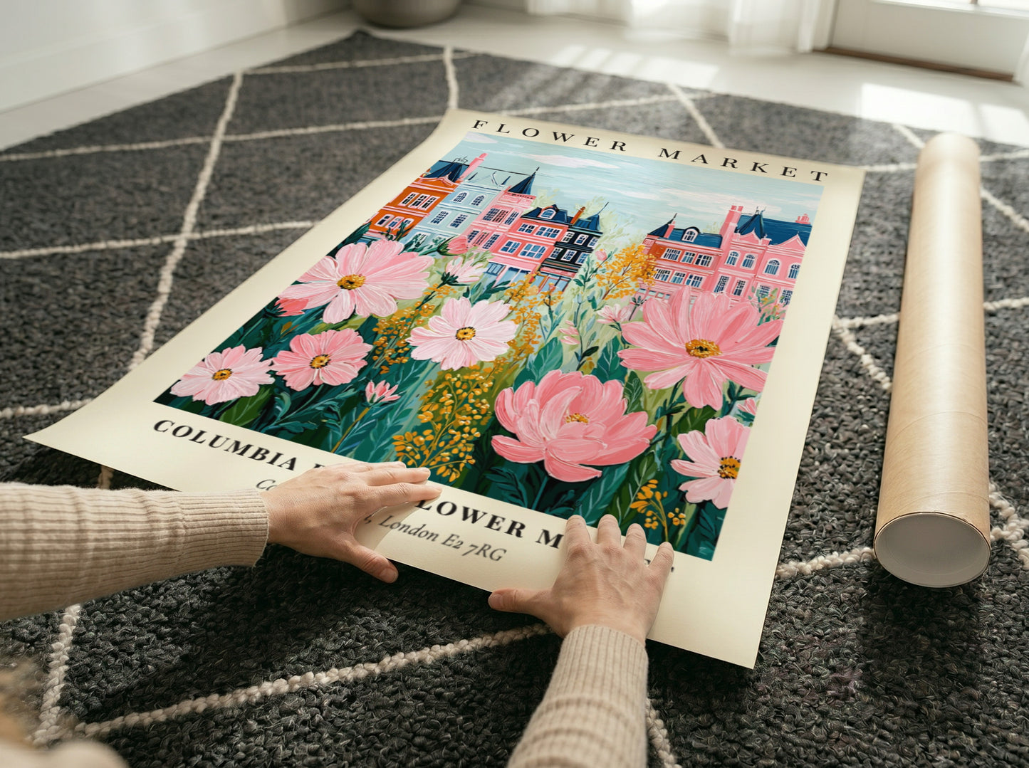 Columbia Road Flower Market print featuring pink flowers and colorful townhouses in a whimsical style