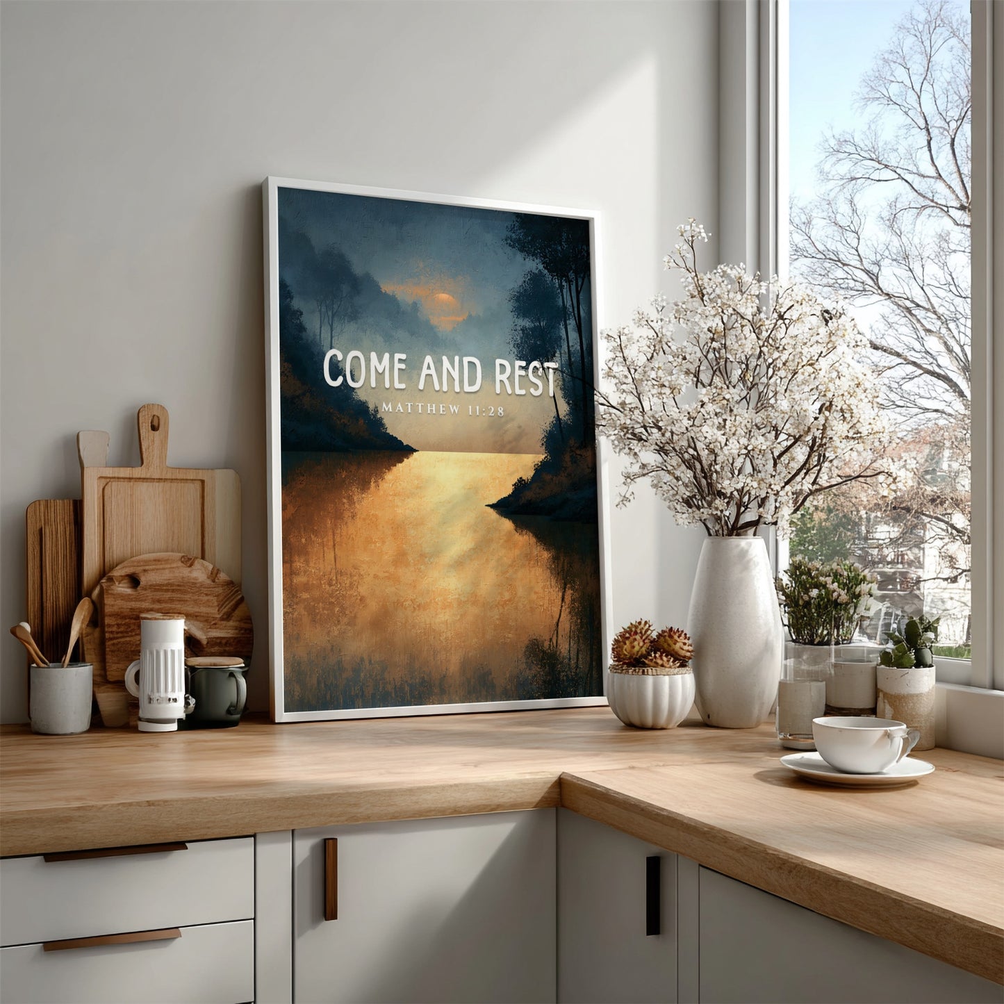 Inspirational poster featuring a tranquil landscape with golden reflections, inspired by Matthew 11:28.