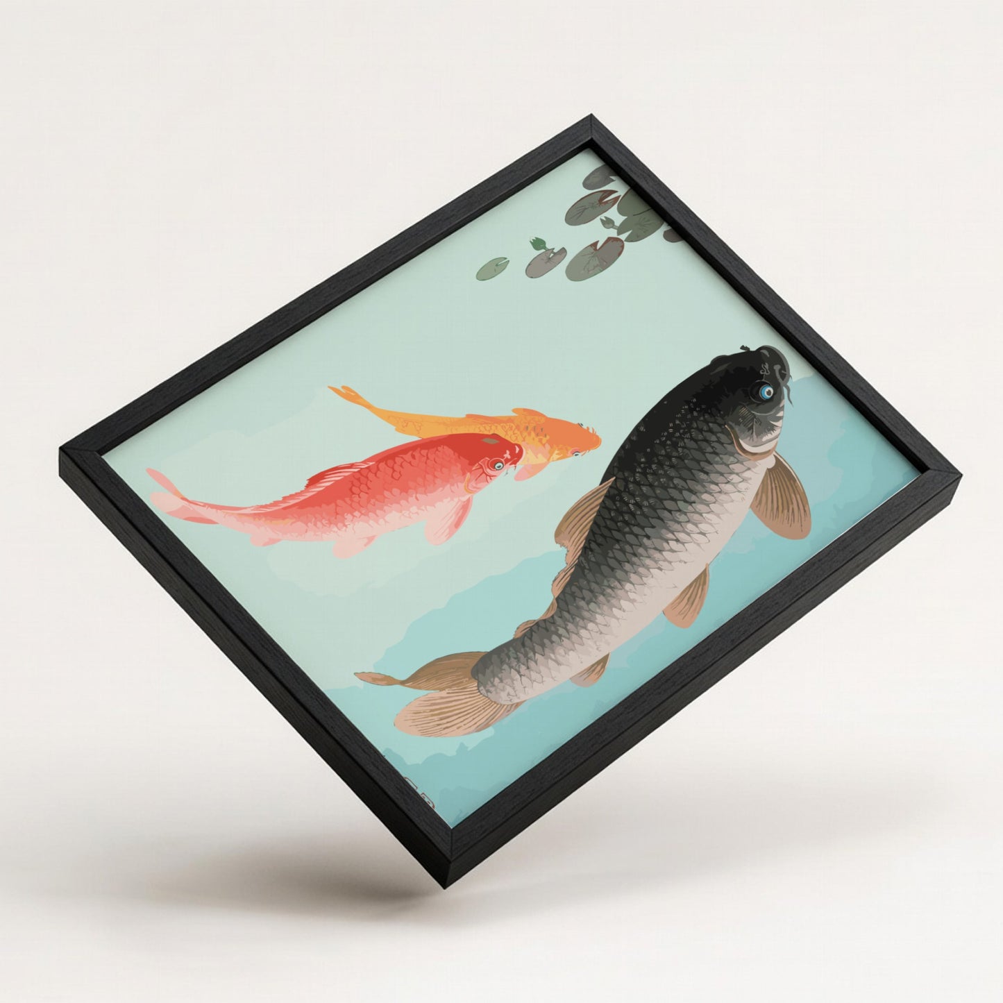 Vintage Japanese art print of Common and Golden Carp by Ohara Koson, featuring coral and golden fish on a