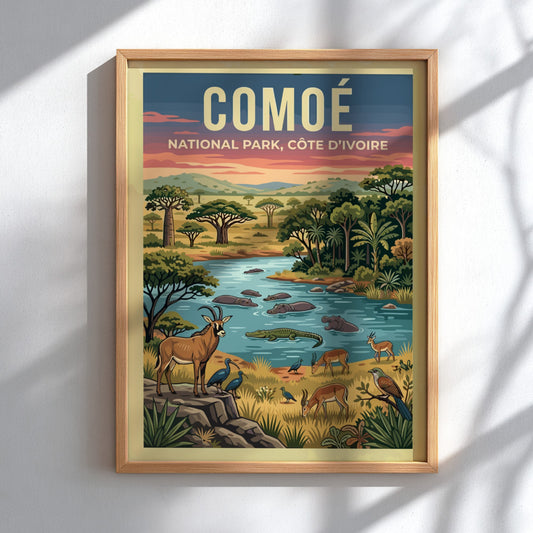 Comoé National Park poster featuring vibrant wildlife and lush landscape in earthy tones