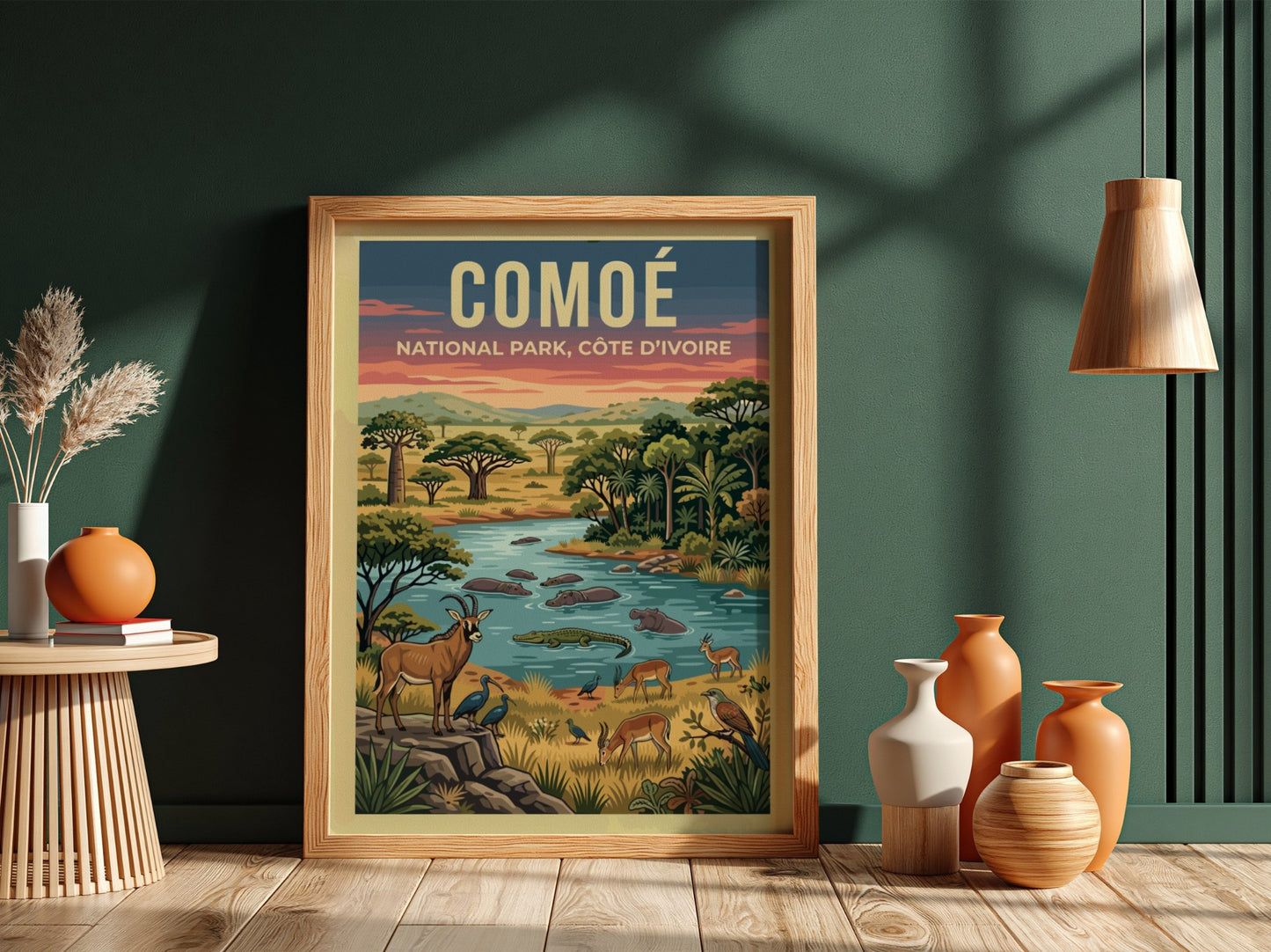 Comoé National Park poster featuring vibrant wildlife and lush landscape in earthy tones