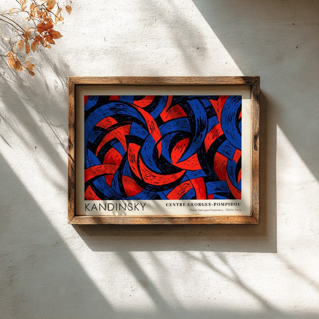 Wall art poster featuring Kandinsky abstract shapes in deep blue and red tones.