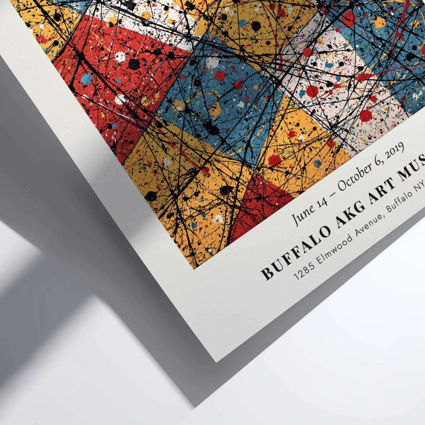 Wall art poster featuring Jackson Pollock Convergence with black dripped lines over coloured rectangles.