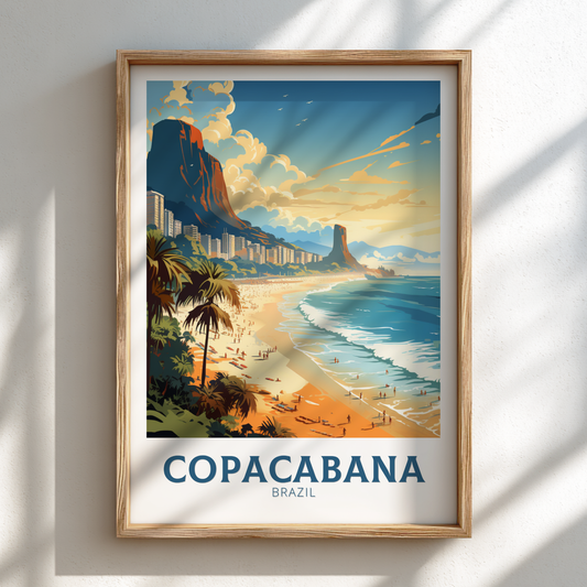 Framed artwork of Copacabana Beach in Brazil with a wooden frame.