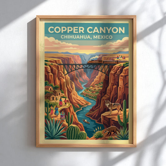 Travel poster of Copper Canyon Chihuahua Mexico with a train crossing a bridge