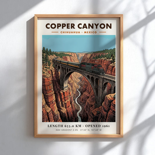 Poster of a train crossing a stone bridge over the deep Copper Canyon landscape.