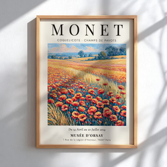 Monet inspired wall art featuring vibrant poppies in red and green hues