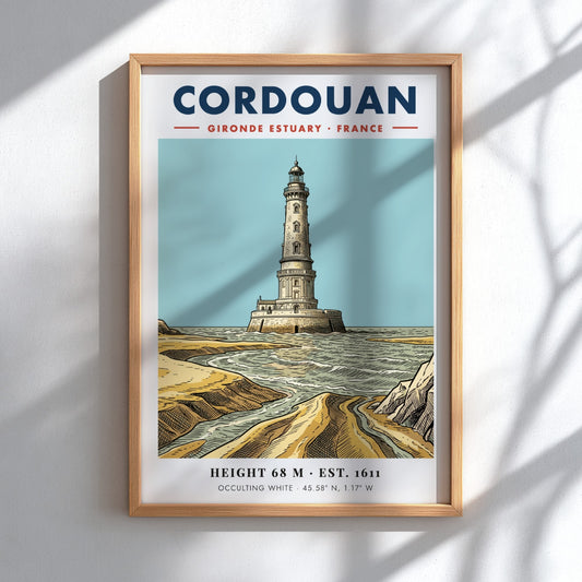 Poster of the Cordouan lighthouse in the Gironde Estuary with blue and sand colours.