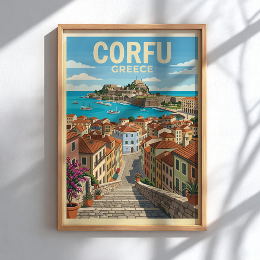 Poster of Corfu Greece featuring a stone staircase leading down to a harbour.