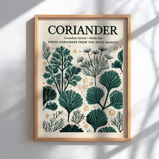 Kitchen poster featuring coriander illustrations in green tones, botanical style, perfect for decor