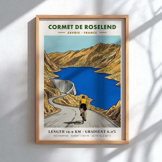 Poster of a cyclist climbing the Cormet de Roselend road above a blue reservoir.