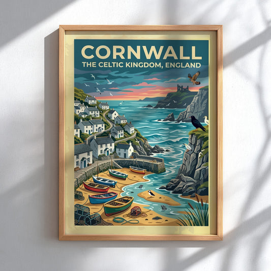 Travel poster of Cornwall featuring white cottages, fishing boats, and seabirds by cliffs.