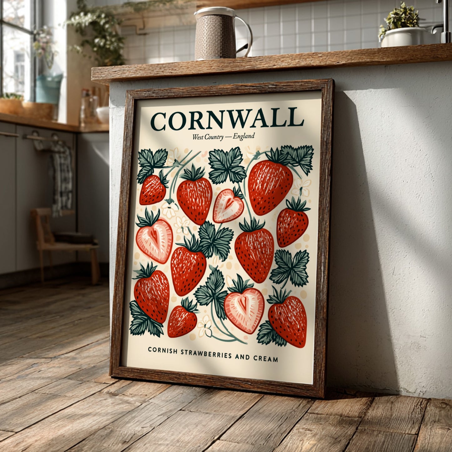 Kitchen poster featuring vibrant strawberries in vintage style, perfect for home decor.