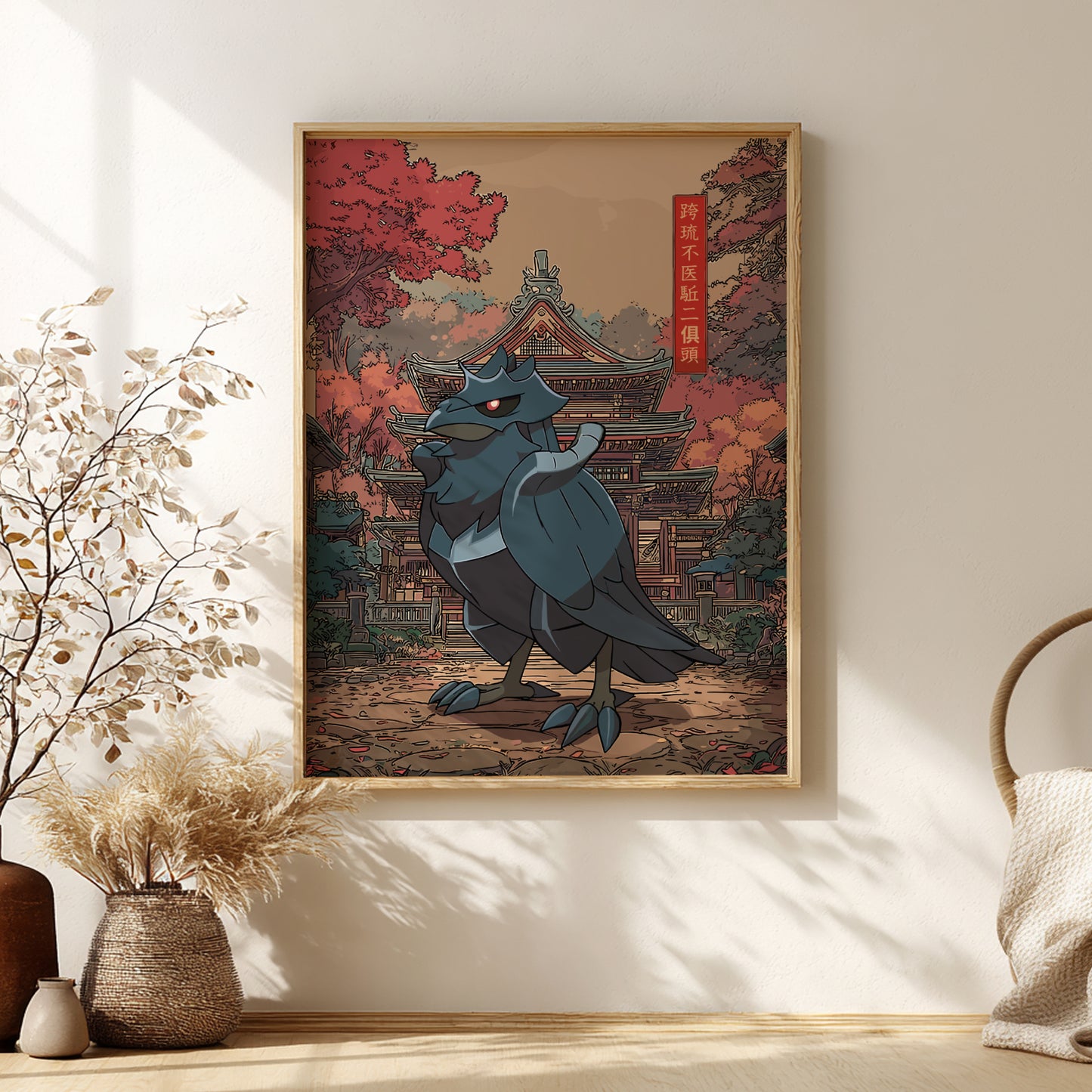 Framed artwork of Corviknight Pokemon in a traditional Japanese setting on a wall.