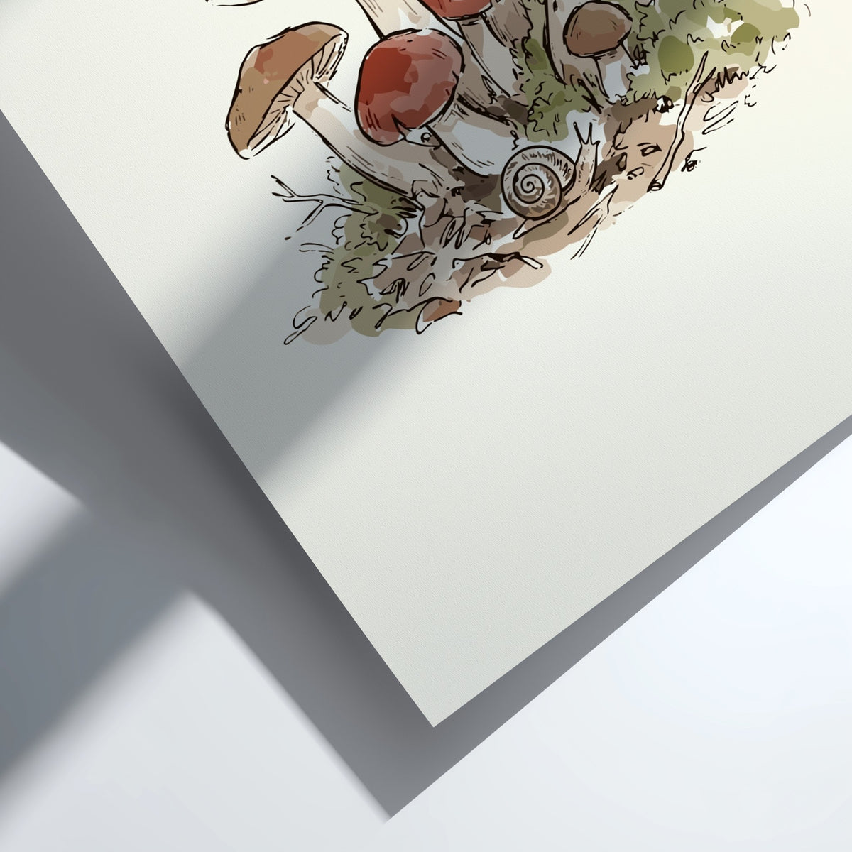 Mushroom illustration poster featuring earthy brown fungi and a snail on green mossy ground