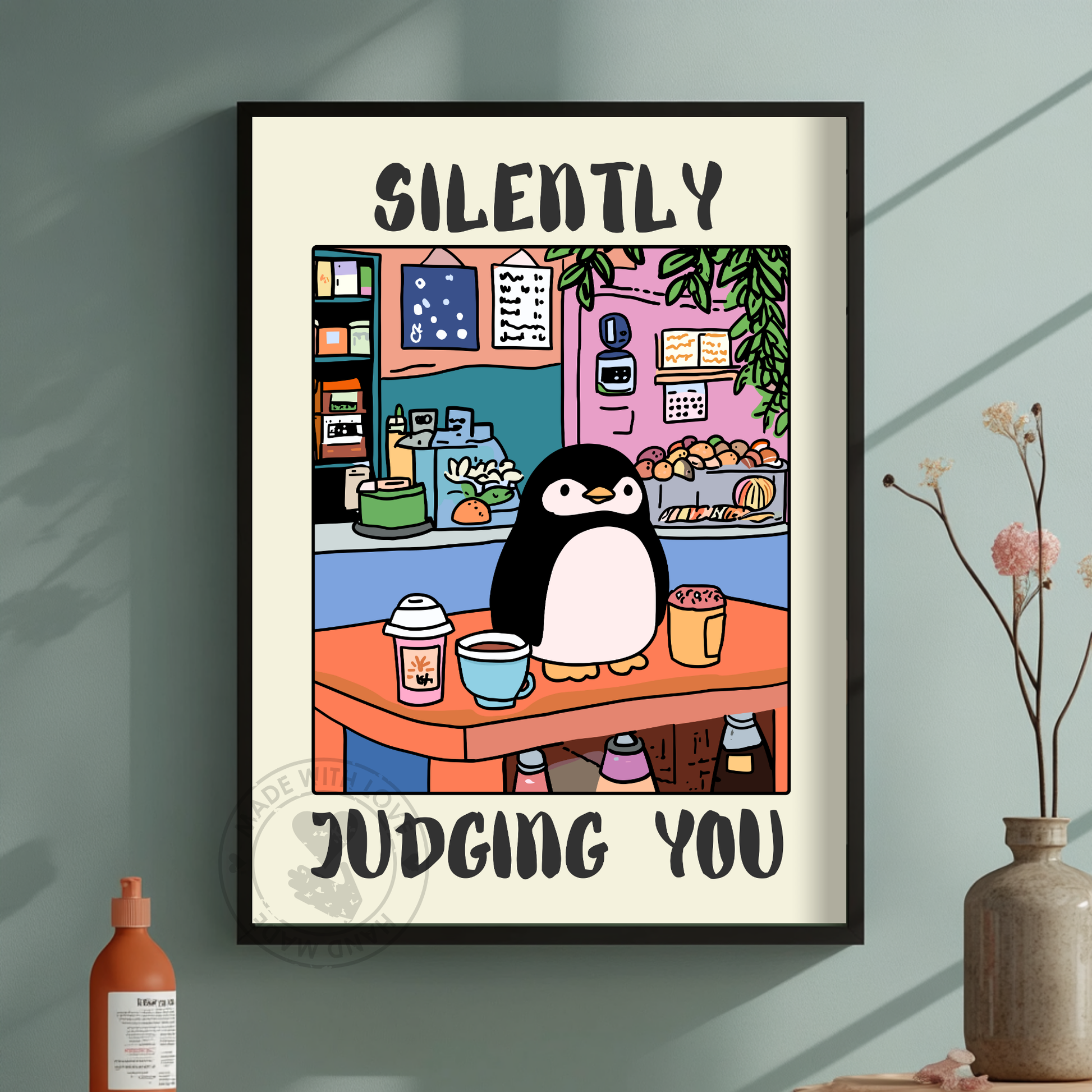 Silently Judging You – Funny Penguin Poster, Quirky Animal Art, Whimsical Wall Decor, Humor Poster