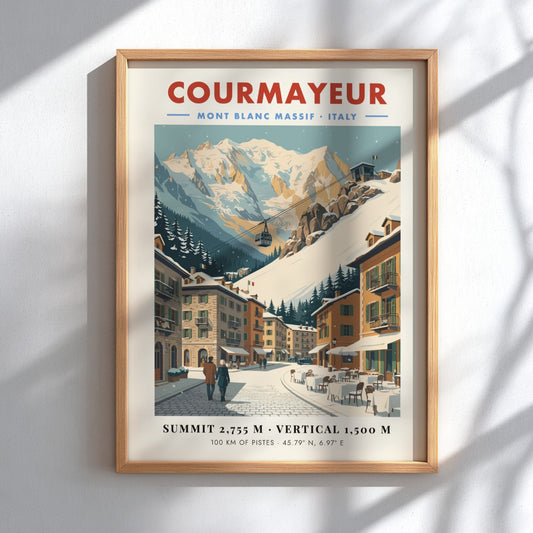 Courmayeur ski resort poster featuring Mont Blanc massif in vintage style with soft colors