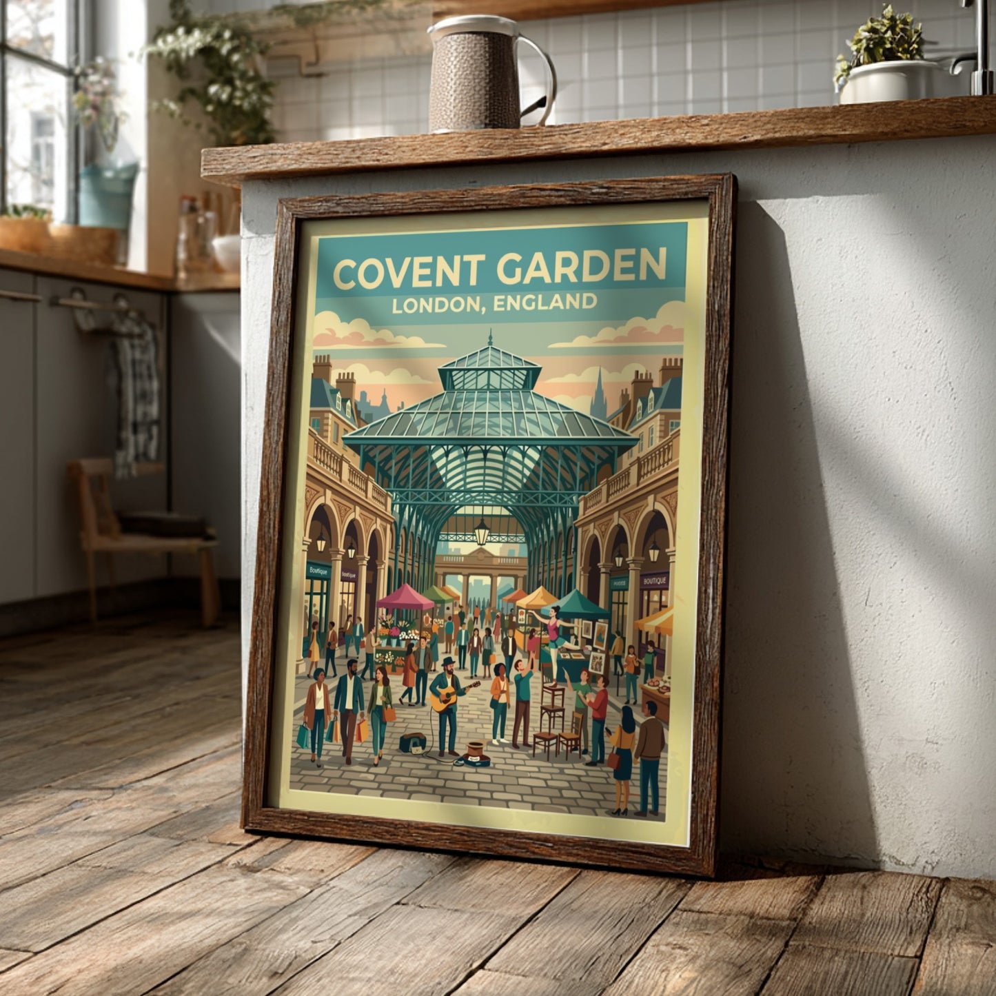 Covent Garden travel poster featuring vibrant market scene and vintage style