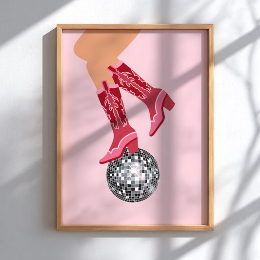 Midnight Rodeo Modern Art - The Cowboy Boots & Disco Ball Wall Print