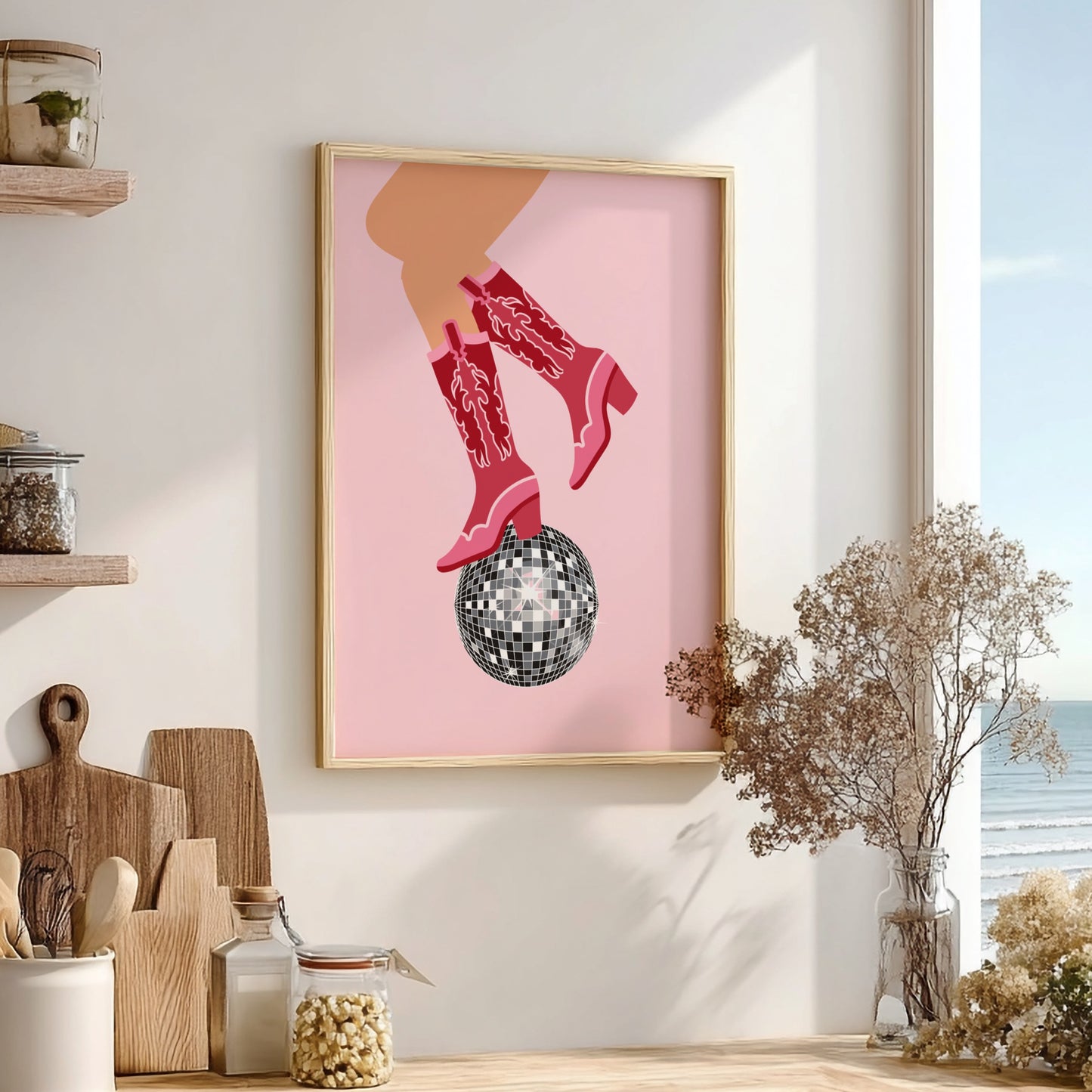 Midnight Rodeo Modern Art - The Cowboy Boots & Disco Ball Wall Print