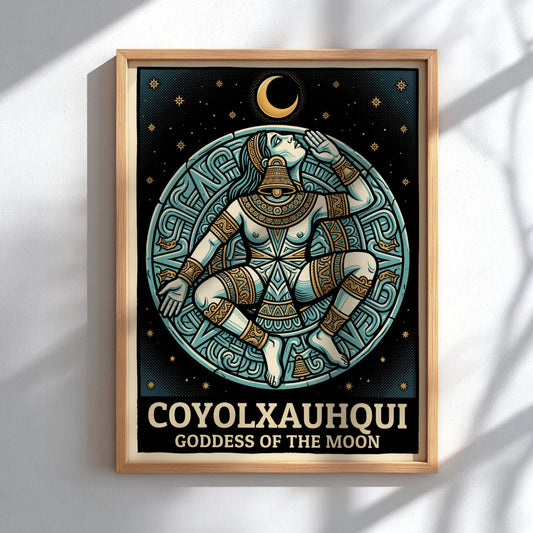 Poster of Coyolxauhqui Goddess of the Moon in indigo and gold Aztec style