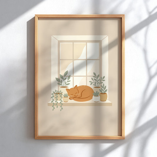 Poster featuring a sleeping ginger cat on a window sill with potted green plants