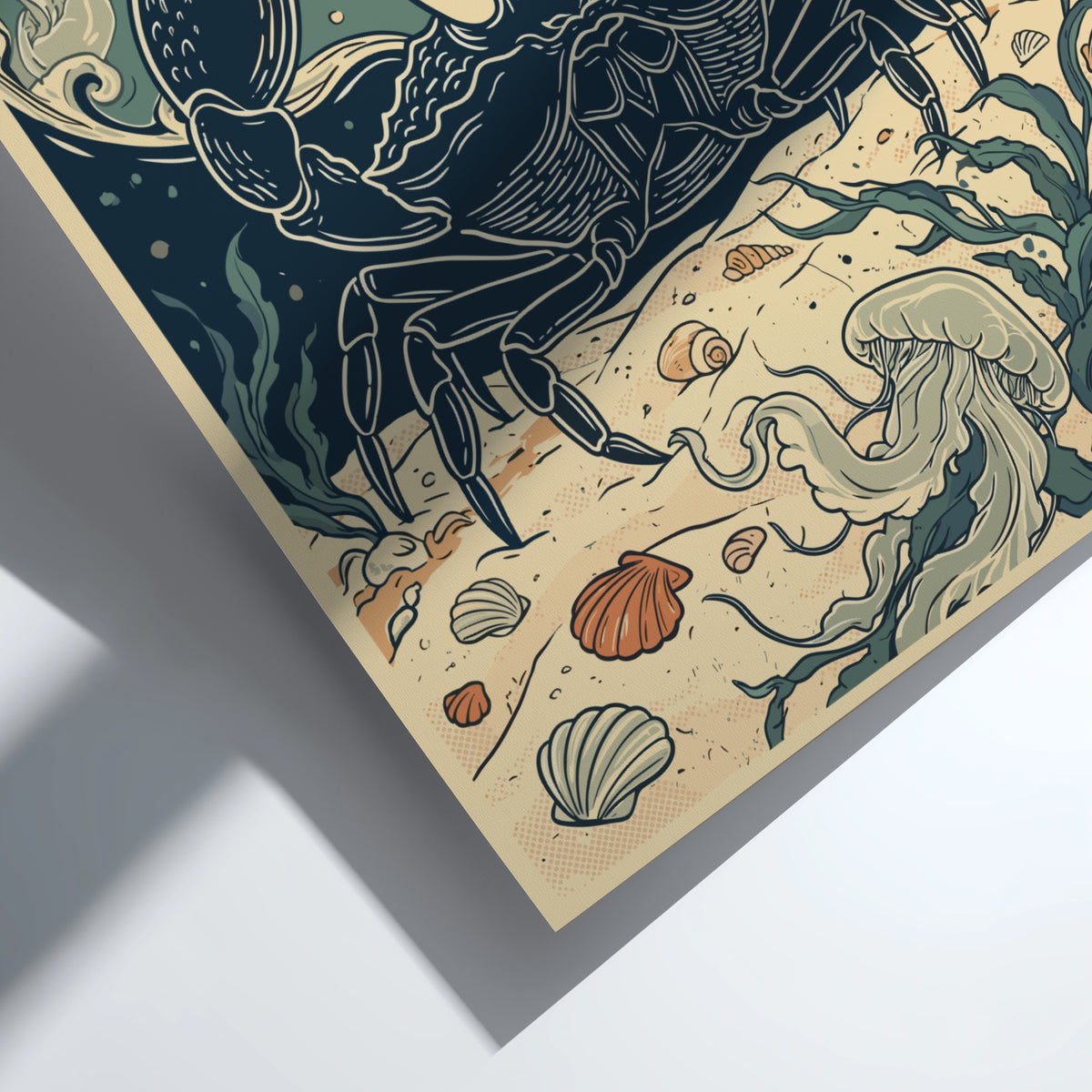 Poster featuring a dark blue crab on a sandy seabed with floating jellyfish