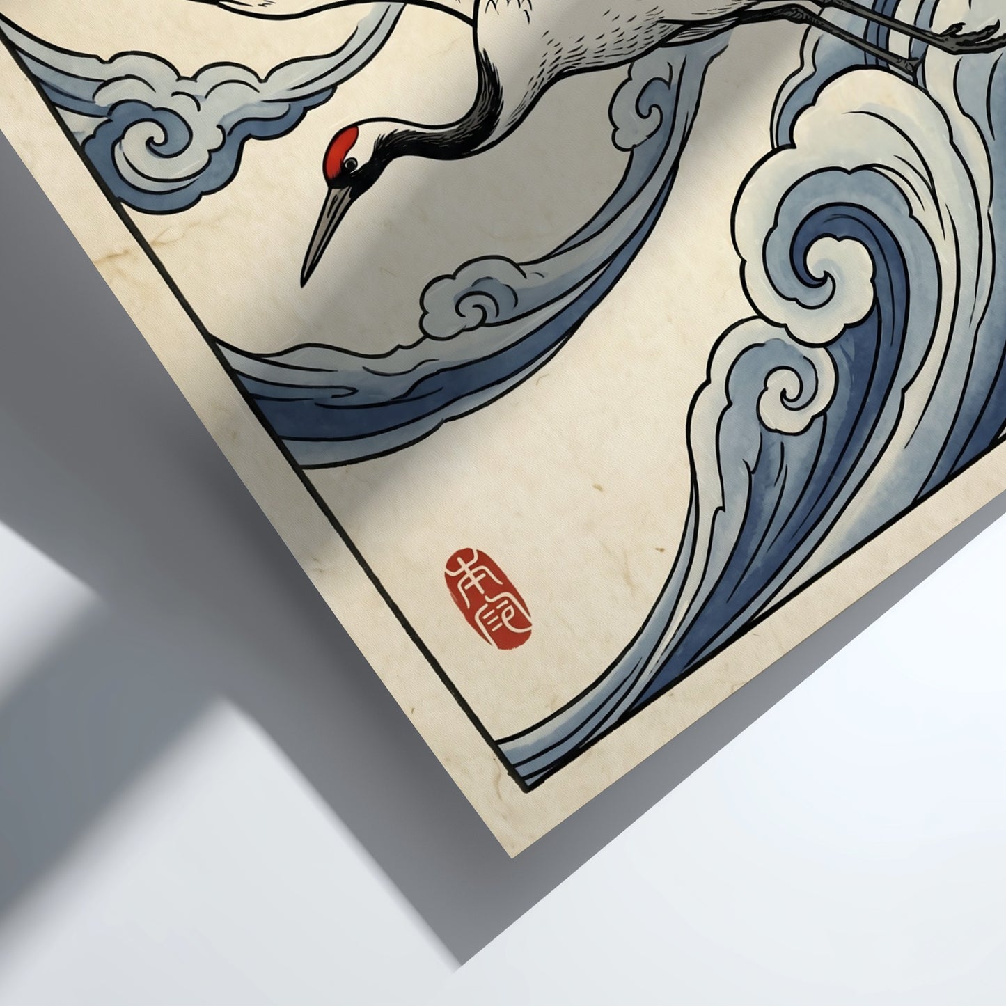 Japanese art style poster featuring a crane flying through blue clouds