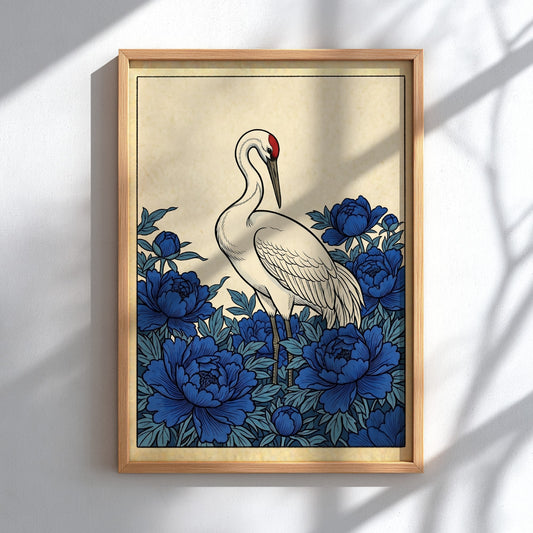 Japanese art style poster featuring a crane and blue peonies