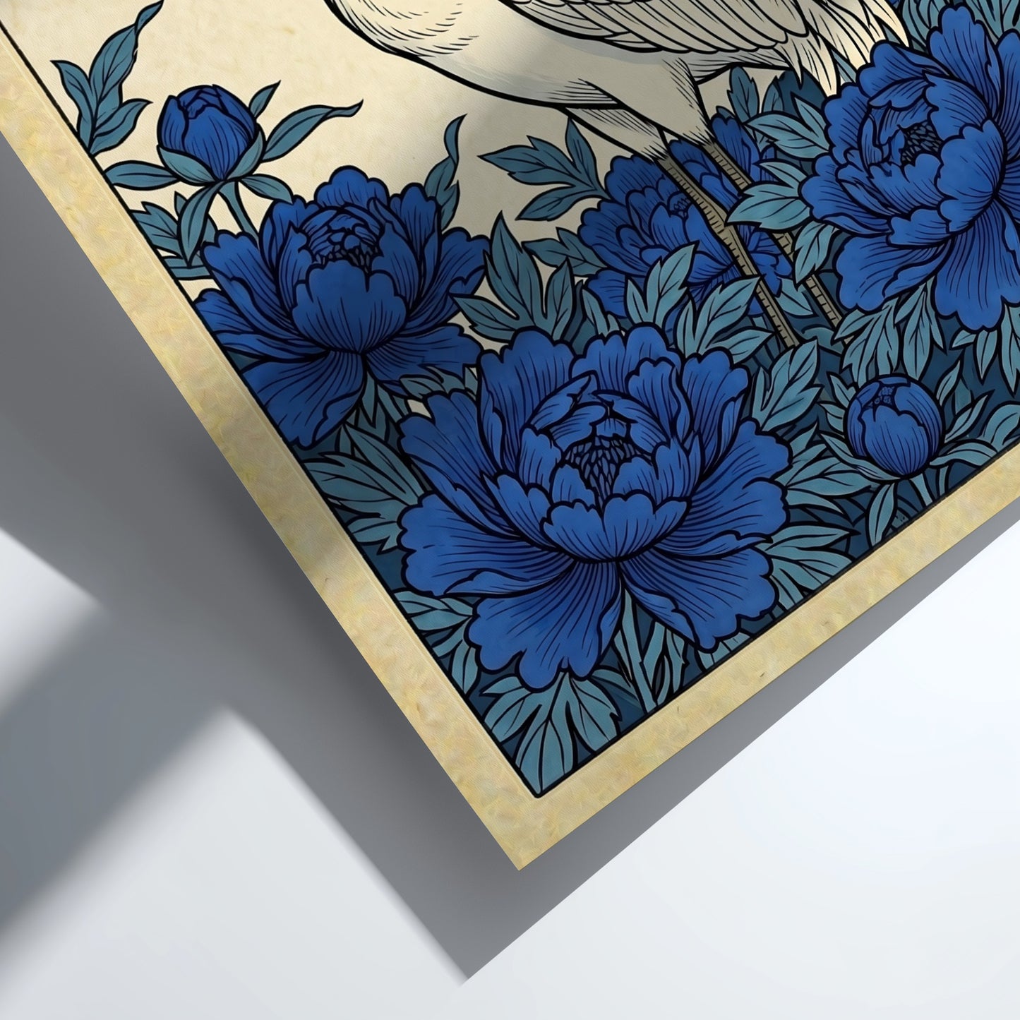 Japanese art style poster featuring a crane and blue peonies