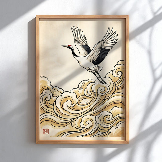 Japanese art style poster featuring a crane flying over golden clouds