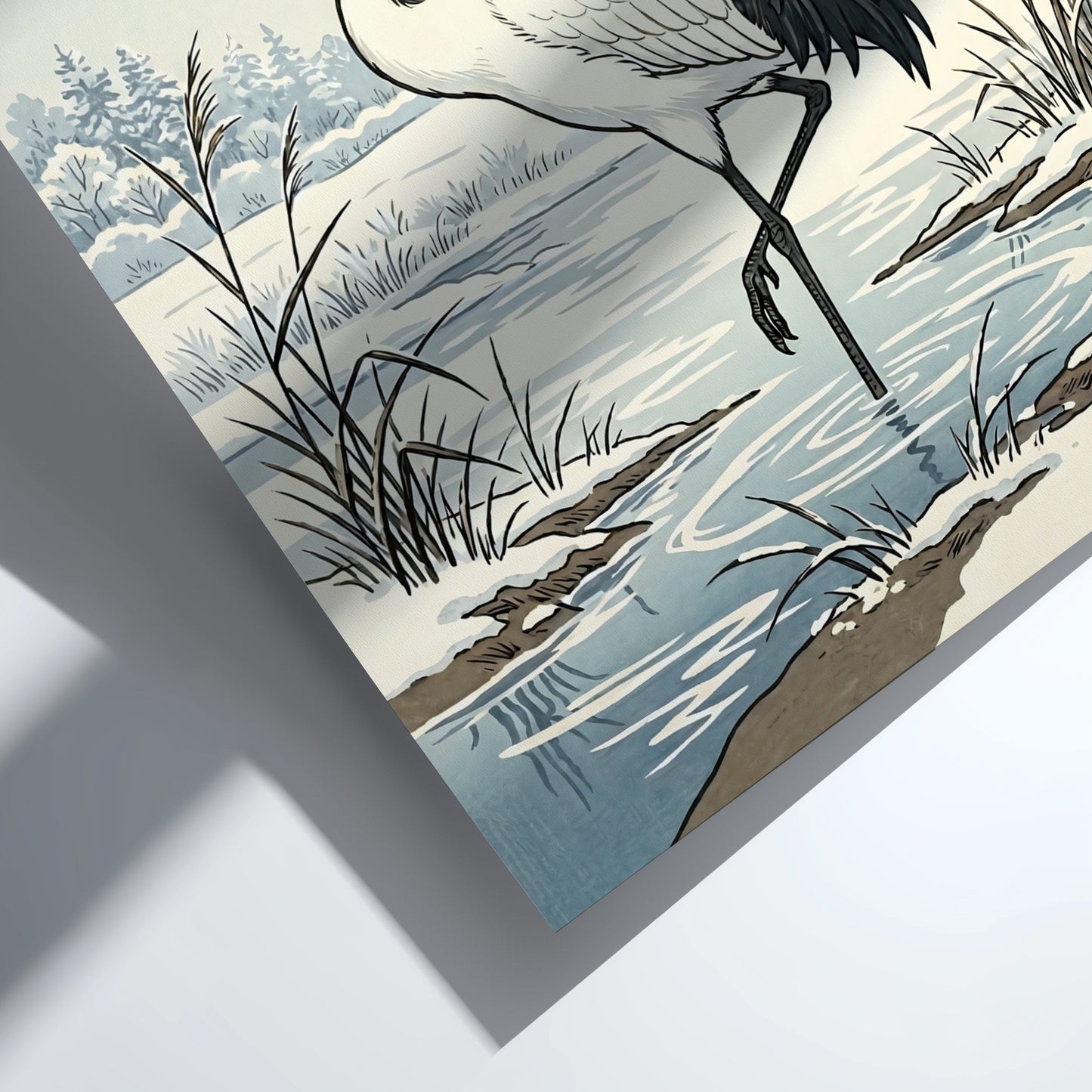 Japanese art style poster featuring a crane in winter landscape with soft colors