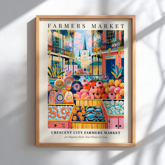 Crescent City Farmers Market poster featuring colorful produce and New Orleans architecture in a vibrant style