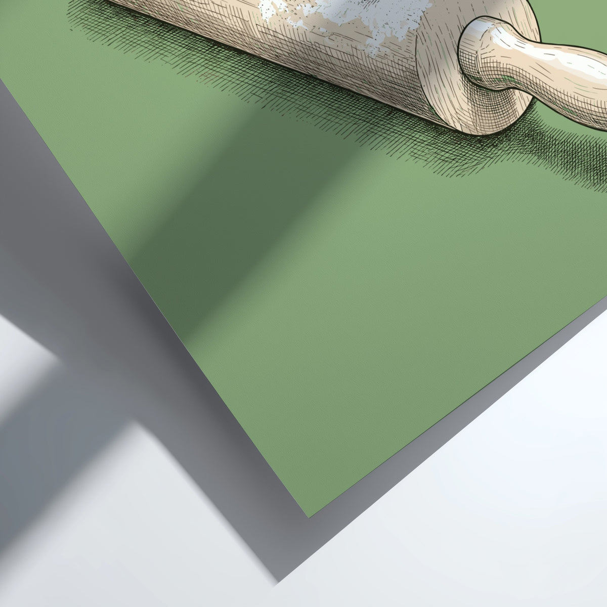 Poster featuring cricket players on a wooden rolling pin against sage green background