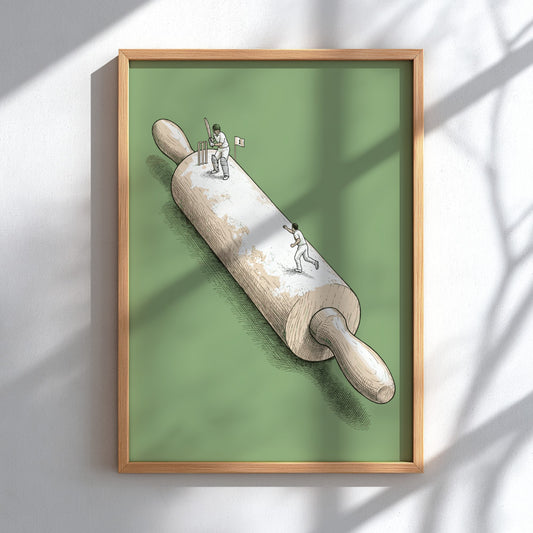 Poster featuring cricket players on a wooden rolling pin against sage green background