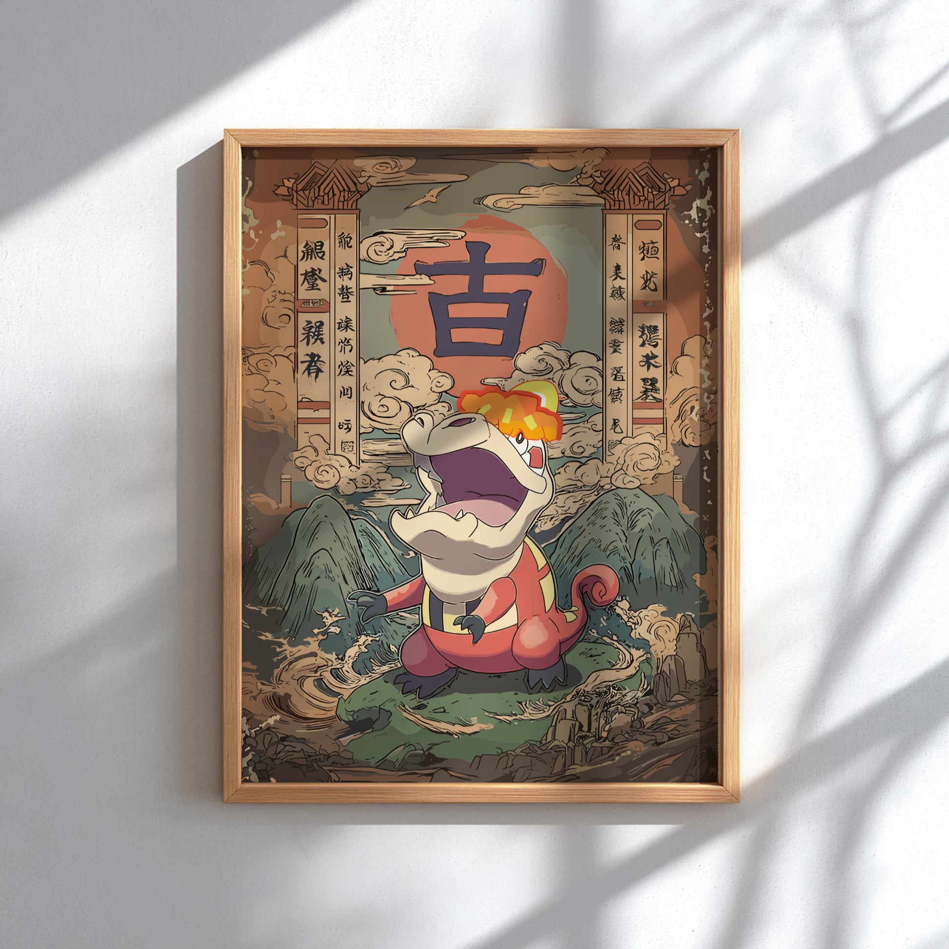Framed artwork with Crocalor Pokemon character in a traditional setting on a white wall.