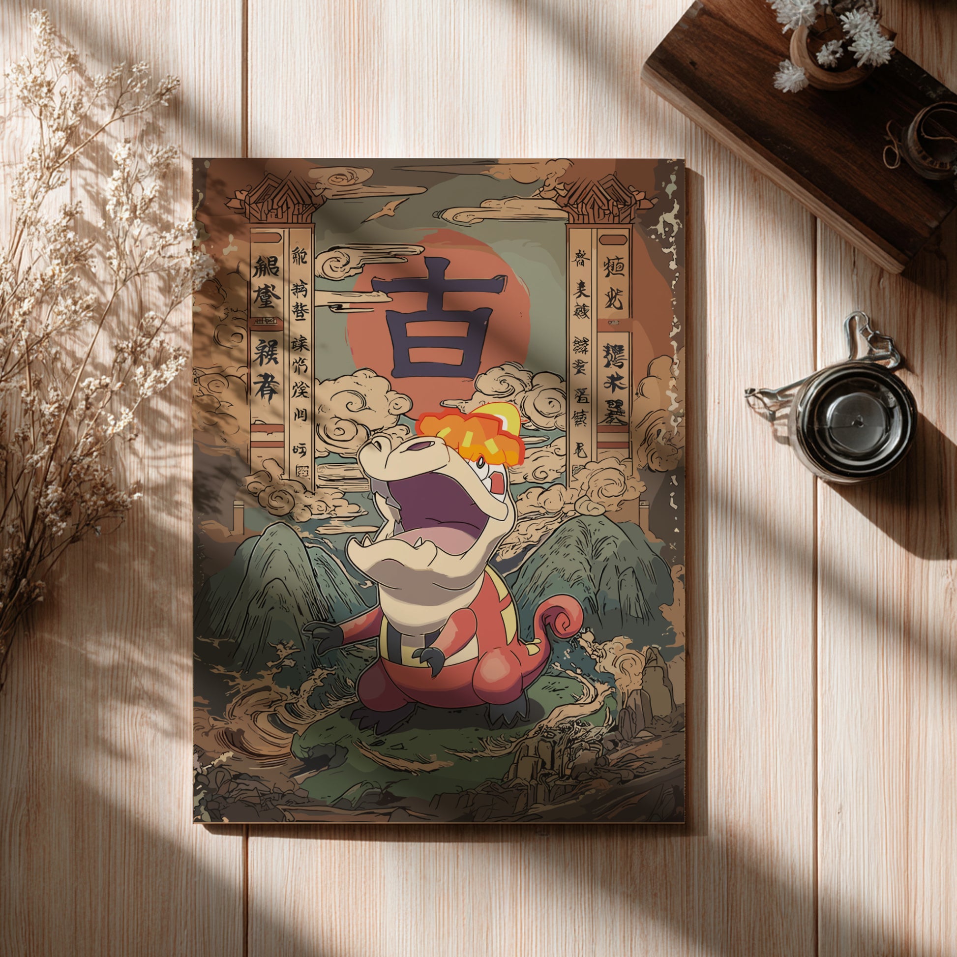 Vintage-style poster with Crocalor Pokemon character on a wooden surface