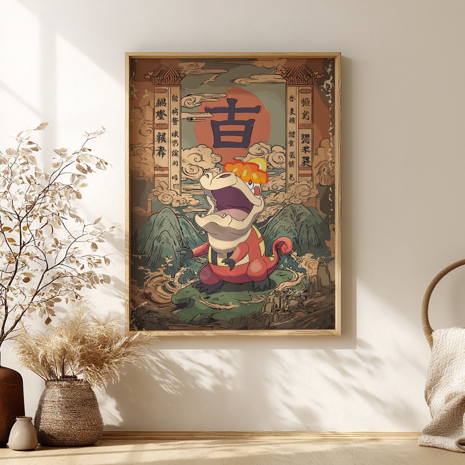 Framed artwork with a traditional design on a wall in a room with decorative elements.