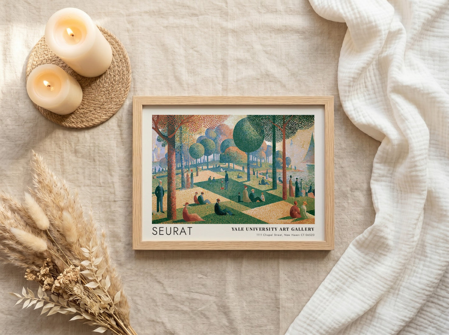 Wall art poster featuring Seurat La Grande Jatte painting in a wooden frame.