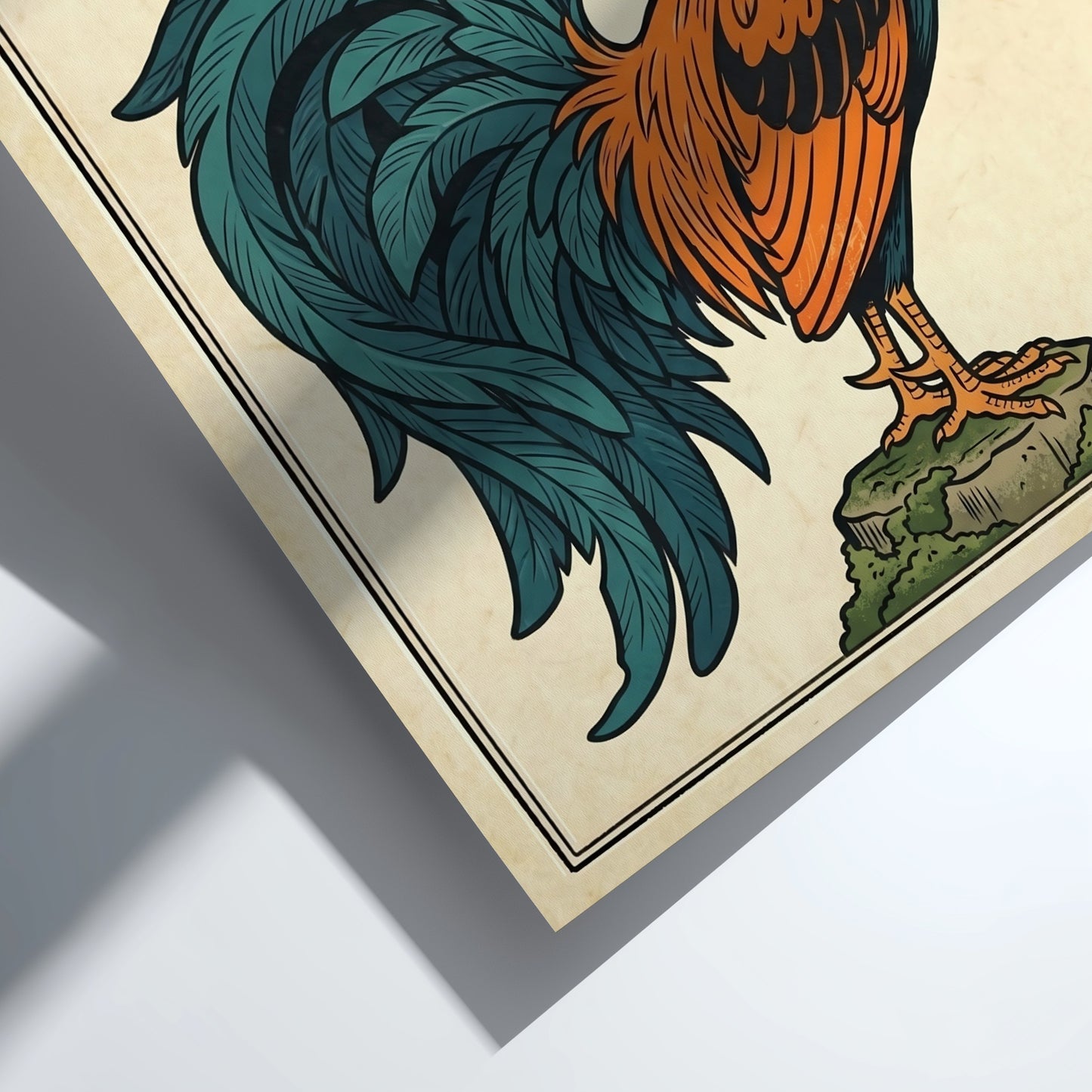 Japanese art style poster featuring a colorful crowing rooster with swirling smoke