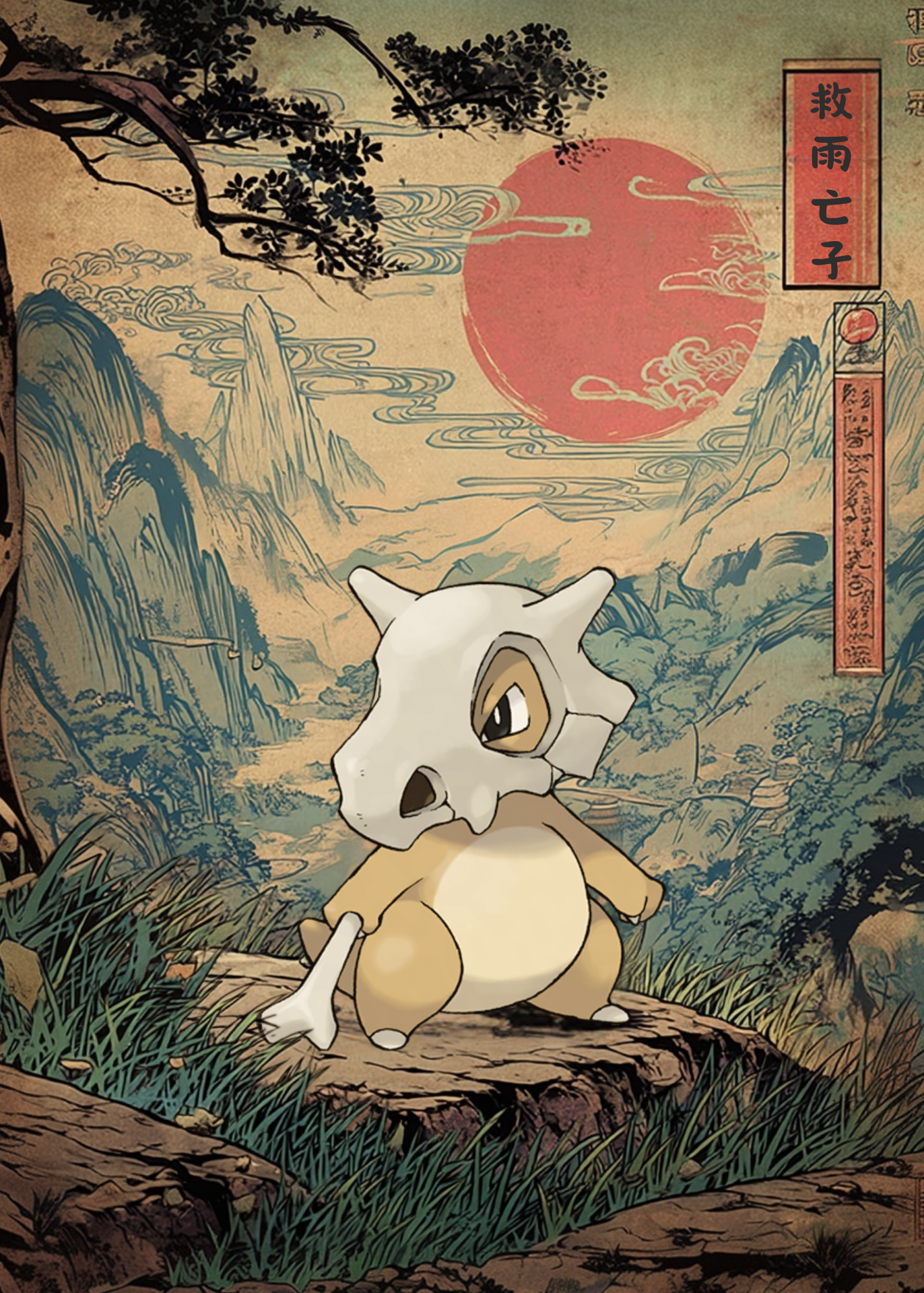 Cubone Pokemon character in a stylized Japanese landscape with mountains and a red sun.