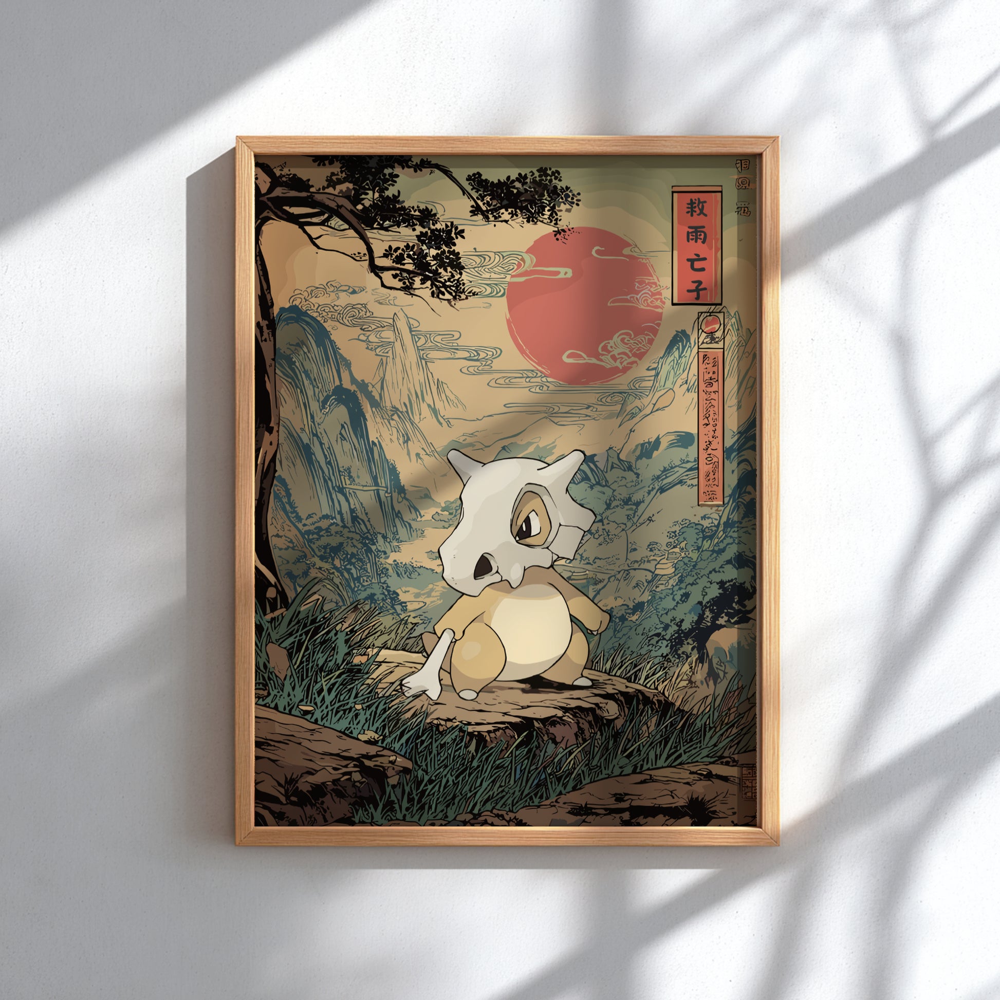 Framed artwork with a stylized landscape and Cubone Pokemon on a white wall.