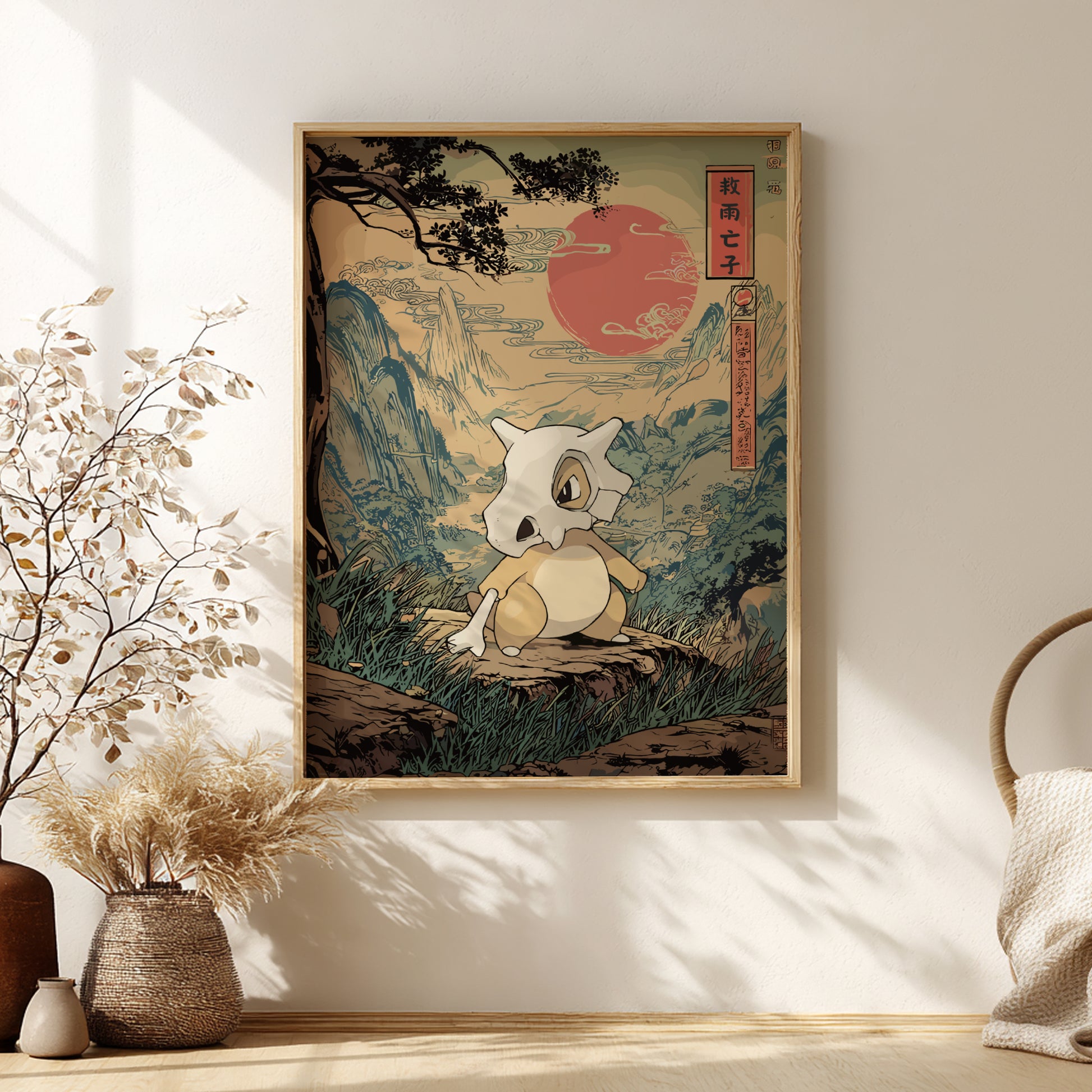 Framed artwork of a stylized Cubone Pokemon in a natural setting on a wall with decorative elements.