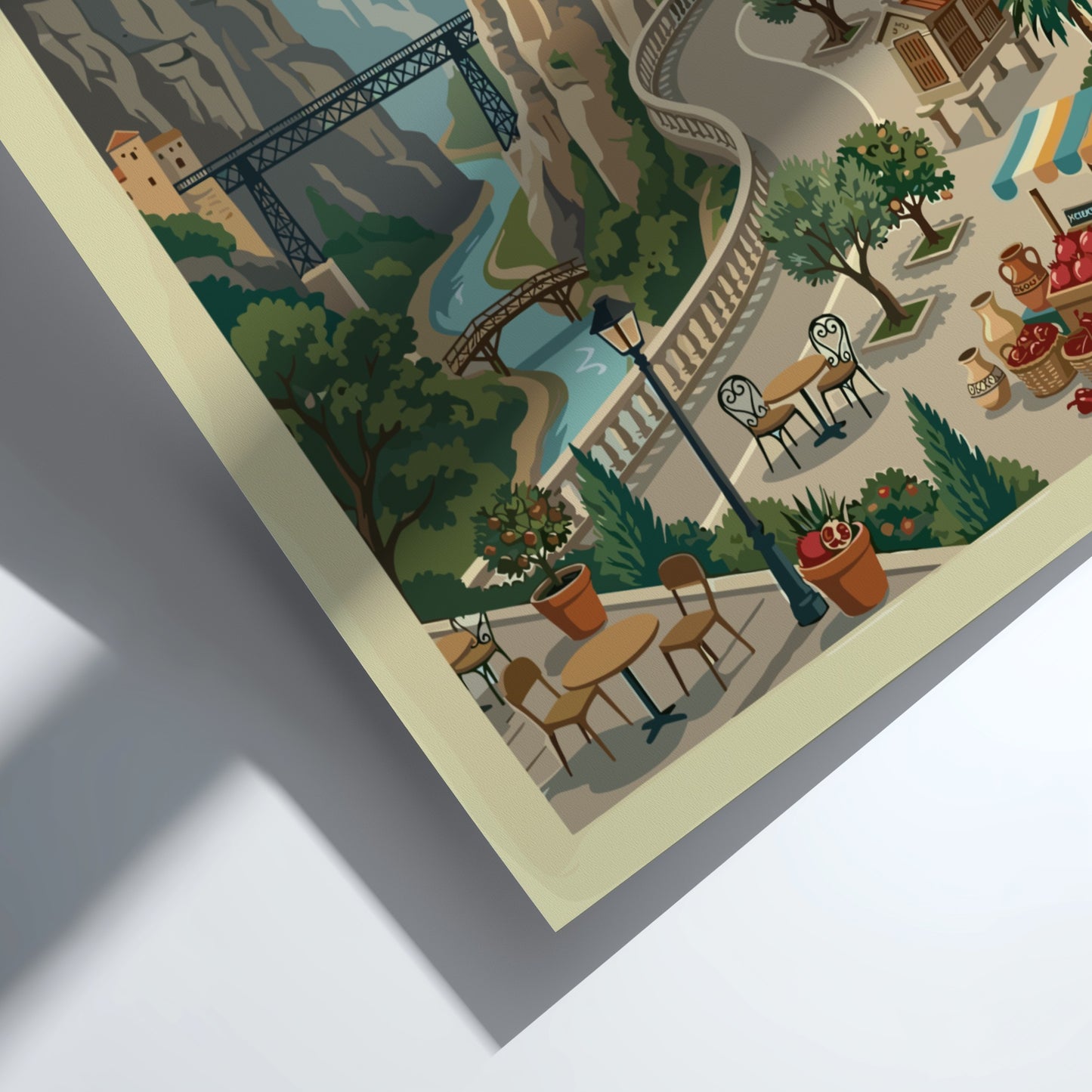 Vintage travel poster of Cuenca, Spain, showcasing hanging houses and a river gorge in a retro art style.