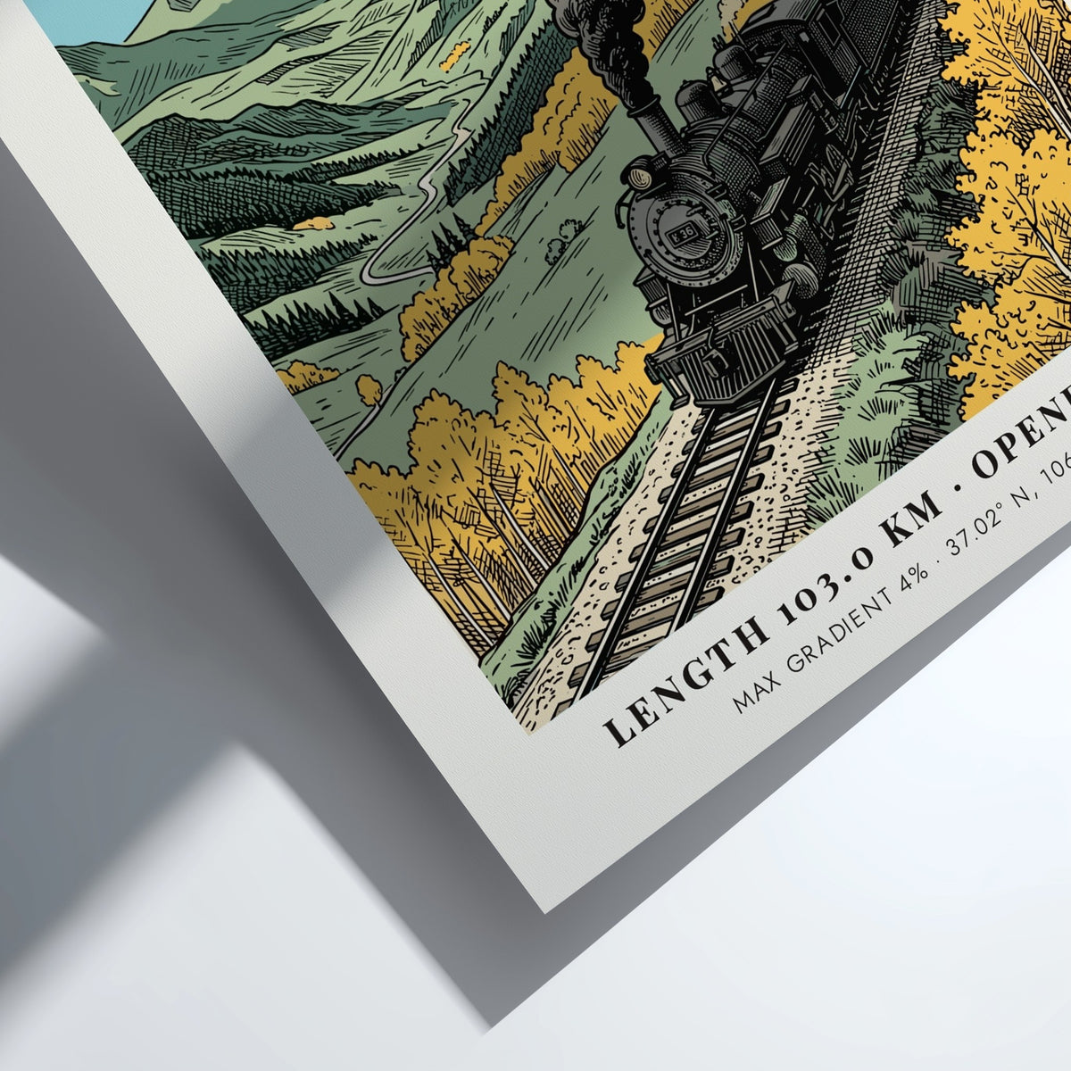 Poster featuring a vintage steam locomotive traveling through a golden mountain pass in Colorado.
